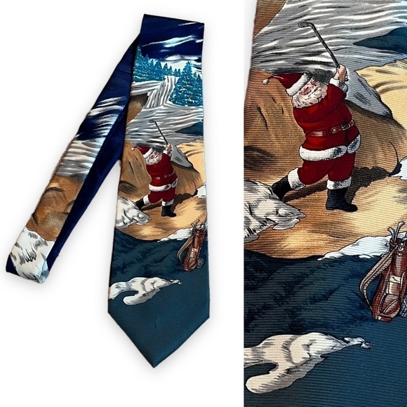 Vintage Christmas Tie Golfing Santa 100% Silk Ruff Hewn Sand Trap Golfer - Picture 1 of 8